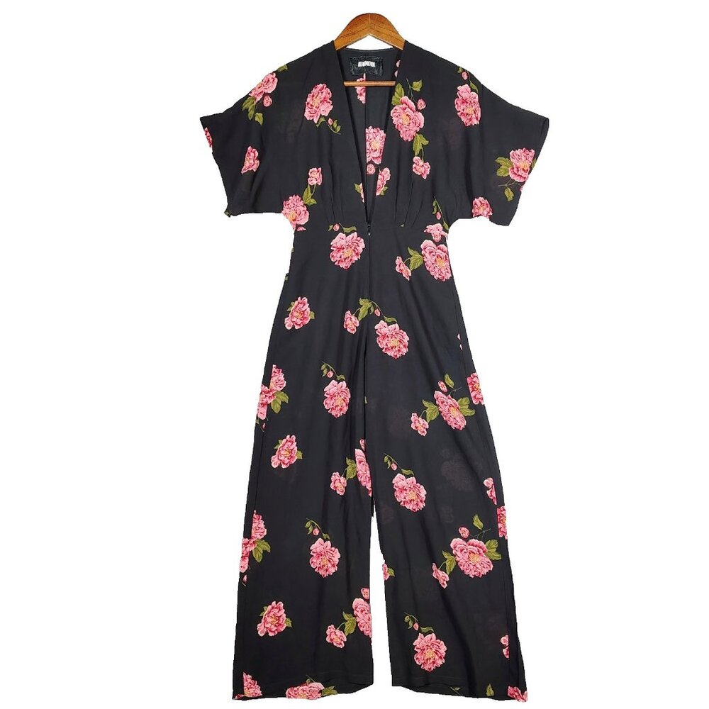 Reformation Swiss Jumpsuit Women's 2 Petite Black Floral Wide Leg Deep V-Neck